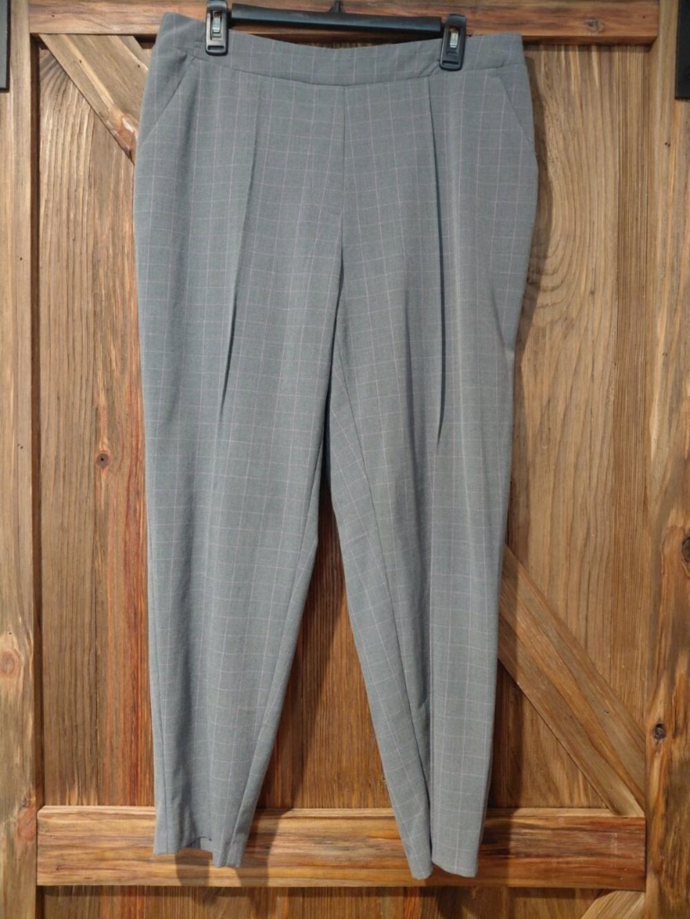 Nine West Women’s Large Gray Purple Plaid Crop Pants Relaxed Pull On StretchNine